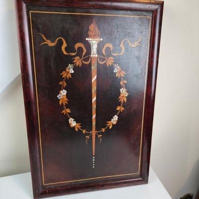 Sale Photo Thumbnail #141: Vintage Decorative Wood Panel With Floral Garland, Torch & Mother Of Pearl Inlay – 11" X 17"