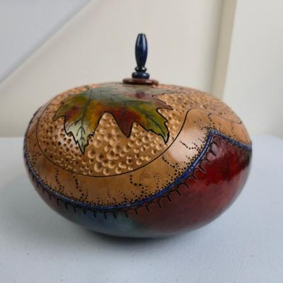 Sale Photo Thumbnail #127: Signed Claudia Hand Carved & Painted Gourd Bowl With Lid – Autumn Maple Leaves