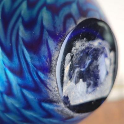 Sale Photo Thumbnail #111: Lundberg Studios Iridescent Blue & Purple Pulled Feather Art Glass Vase – 7"