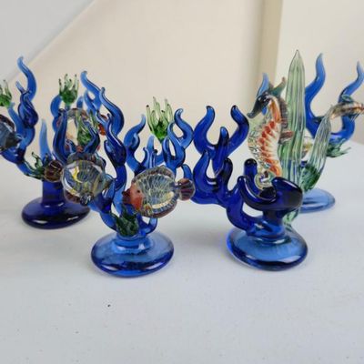 Sale Photo Thumbnail #129: Set Of 3 Hand Blown Art Glass Tropical Fish & Seahorse Coral Reef Sculptures – Cobalt Blue
