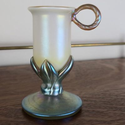 Sale Photo Thumbnail #103: Iridescent Art Glass Jack-in-the-Pulpit Style Bud Vase With Applied Leaf Design – 4.5"