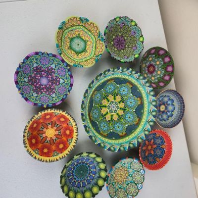 Sale Photo Thumbnail #30: Collection Of 10 Handmade Millefiori Clay Art Bowls – Colorful Mandala Designs – Signed KVBN 2011
