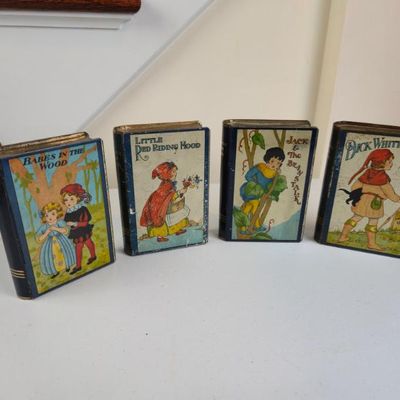 Sale Photo Thumbnail #140: Set Of 4 Vintage Chad Valley Fairy Tale Tin Book Coin Banks – Little Red Riding Hood & More