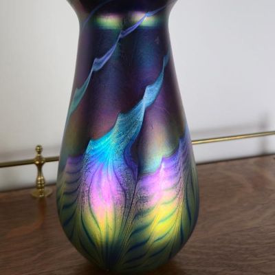 Sale Photo Thumbnail #80: Lundberg Studios Signed 2000 Iridescent Art Glass Vase – Pulled Feather Design – 8.5"