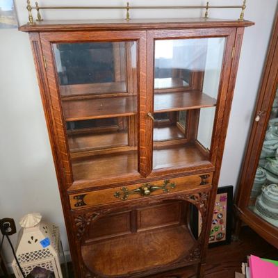 Sale Photo Thumbnail #118: Antique Oak Curio Display Cabinet With Glass Doors, Carved Details & Brass Gallery Rail