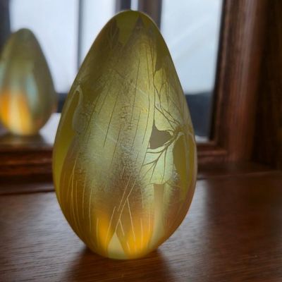 Sale Photo Thumbnail #89: Signed Iridescent Yellow Gold Art Glass Egg Paperweight – 4"