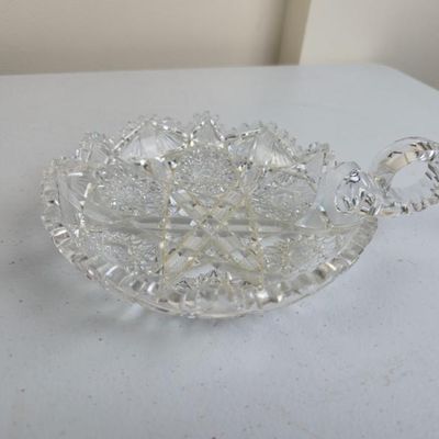 Sale Photo Thumbnail #137: Vintage Brilliant Cut Crystal Nappy Dish With Ornate Handle – Starburst & Hobstar Pattern