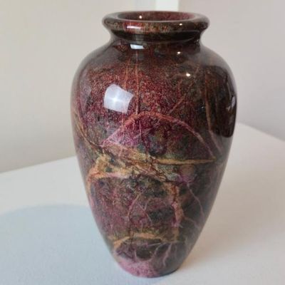 Sale Photo Thumbnail #18: Heavy Polished Multicolor Natural Stone Vase – Marble / Bidasar Style – 8"