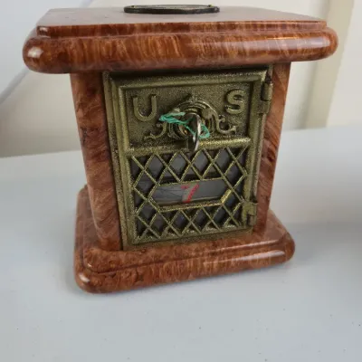 Sale Photo Thumbnail #15: Antique U.S. Post Office Lockbox Door Coin Bank – Maple Burl – Lone Wolf Wood Works – COA