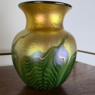 Sale Photo Thumbnail #87: Lundberg Studios Signed Iridescent Gold & Green Art Glass Vase – 6"