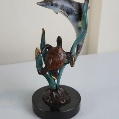 Sale Photo Thumbnail #26: SPI Gallery Solid Brass Dolphin & Sea Turtle Sculpture – Ocean Wildlife – Patina Finish