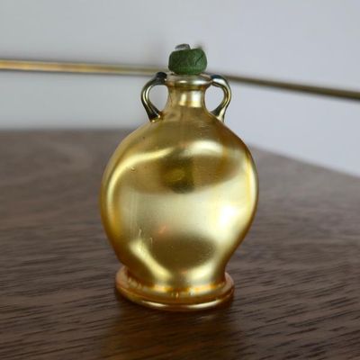 Sale Photo Thumbnail #86: Vintage Gold Iridescent Art Glass Miniature Double Handle Perfume Bottle – 2"