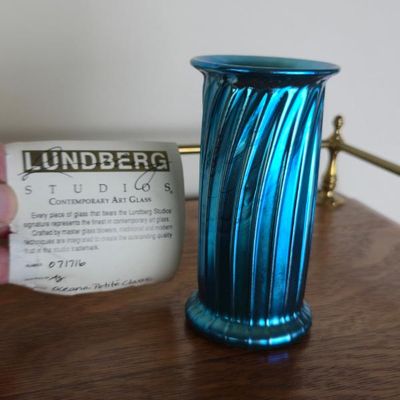 Sale Photo Thumbnail #97: Lundberg Studios Oceana Petite Classic Blue Iridescent Art Glass Vase