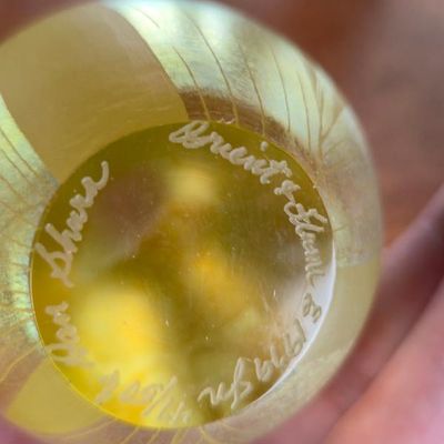Sale Photo Thumbnail #90: Signed Iridescent Yellow Gold Art Glass Egg Paperweight – 4"
