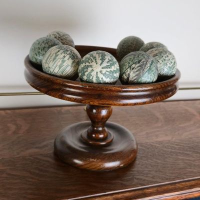 Sale Photo Thumbnail #72: Decorative Wooden Pedestal Bowl With 7 Money Print Balls – 8" Wide