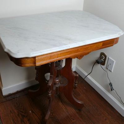 Sale Photo Thumbnail #154: Antique Victorian Style Marble Top Parlor Table With Ornate Wood Pedestal Base – 30" X 21"