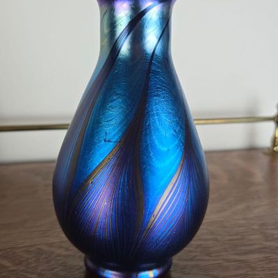 Sale Photo Thumbnail #91: Lundberg Studios Signed Iridescent Blue Art Glass Vase – 6"