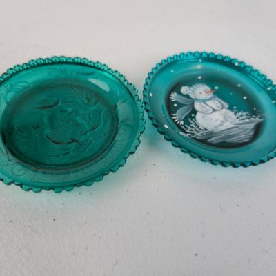 Sale Photo Thumbnail #36: Pair Of Turquoise Blue Pressed Glass Decorative Dishes – Snowman & Embossed Basket – 3¼"