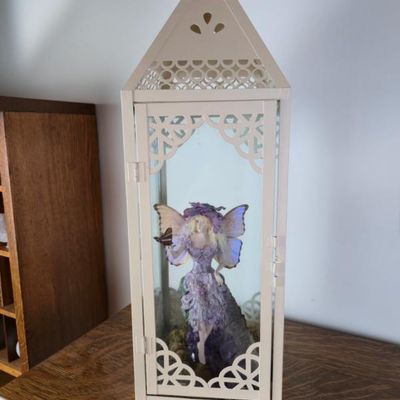Sale Photo Thumbnail #67: 24" Decorative White Metal Lantern With Purple Fairy Figurine & Natural Amethyst Crystal Display
