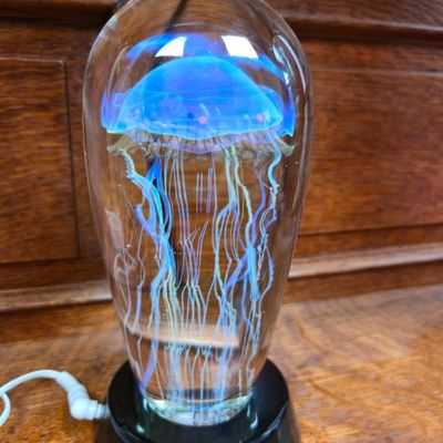 Sale Photo Thumbnail #116: Signed Richard Satava Art Glass Jellyfish Sculpture – 7" – Illuminated Display Base
