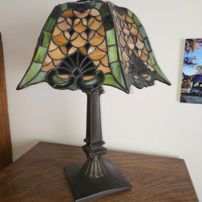 Sale Photo Thumbnail #65: Tiffany Style Stained Glass Table Lamp – Green & Amber Art Nouveau Design – 19"