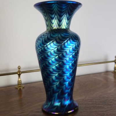 Sale Photo Thumbnail #79: Lundberg Studios Signed 2002 Iridescent Blue Art Glass Vase – Pulled Feather Design – 7.5"