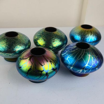 Sale Photo Thumbnail #52: Lot Of 5 Stuart Abelman Signed Iridescent Art Glass Vases