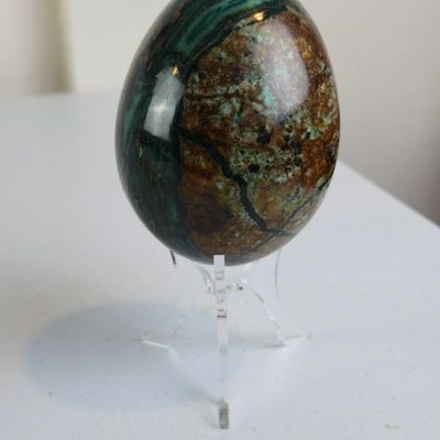 Sale Photo Thumbnail #28: Polished Malachite & Chrysocolla Natural Stone Egg – 3" – Display Stand
