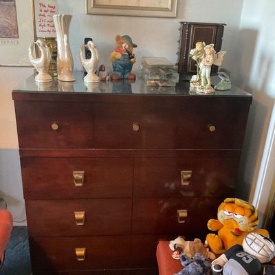 Vintage dark mahogany chest of drawers with brass hardware, 