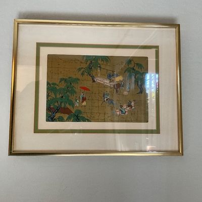 Sale Photo Thumbnail #136: Framed Asian style art print depicting figures and horses in a outdoor landscape, presented in a brass metal frame with double matting.