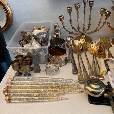 Sale Photo Thumbnail #41: Lucite candles, misc. brass