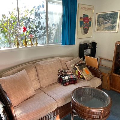Sale Photo Thumbnail #72: Midcentury rattan framed sofa, lamp table, and round table