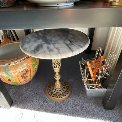 Sale Photo Thumbnail #48: Small Midcentury Hollywood Regency marble top pedestal table
