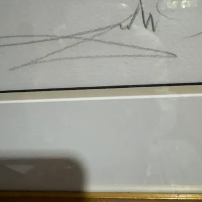 Close-up detail of a pencil signature on a framed artwork, featuring an intricate gold-finished frame.