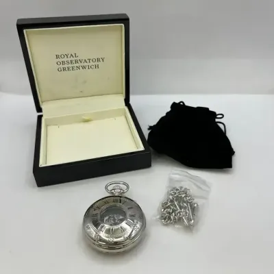 Royal Observatory Greenwich Pocket Watch W/ Chain + Box