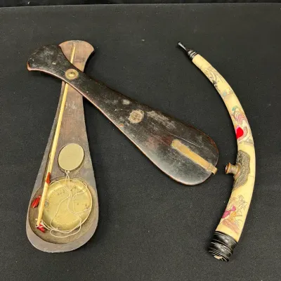 Vintage Chinese Opium Scale In Wooden Case And Bone Opium Pipe