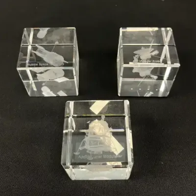 Crystal Cubed Paperweights Feat. Voyager, Hubble, + Apollo Lunar Module In Original Boxes