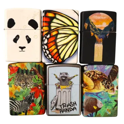 Sale Photo Thumbnail #170: Collection of six Zippo-style lighters with various animal, nature, and graphic art designs.