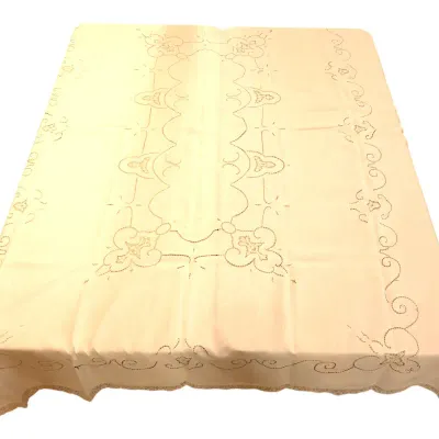 Sale Photo Thumbnail #206: Vintage off-white embroidered tablecloth featuring intricate cutwork details and scalloped lace edges.