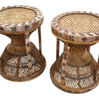 Sale Photo Thumbnail #40: Pair of vintage boho woven wicker and rattan hourglass side tables with cane seats and geometric pattern trim.