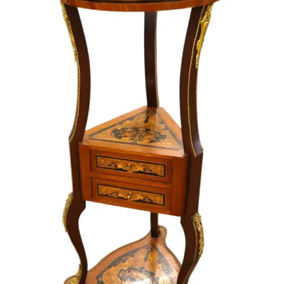 Sale Photo Thumbnail #226: French Louis XV style marquetry accent table featuring intricate floral inlays, ormolu brass mounts, and two small drawers.