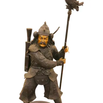 Sale Photo Thumbnail #47: LARGE Japanese bronze and carved ivory or bone statue of a warrior holding a dragon-fish staff, Meiji period style.