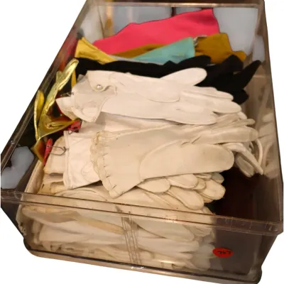 Sale Photo Thumbnail #213: Clear acrylic storage bin filled with an assortment of vintage women's dress gloves in various colors and styles.