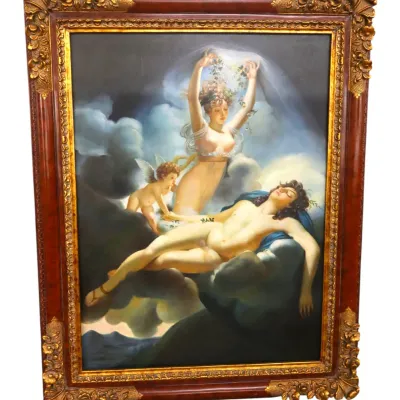 Sale Photo Thumbnail #124: Large Neoclassical style oil painting depicting allegorical mythological figures in clouds, housed in a heavy ornate gilt and wood frame.