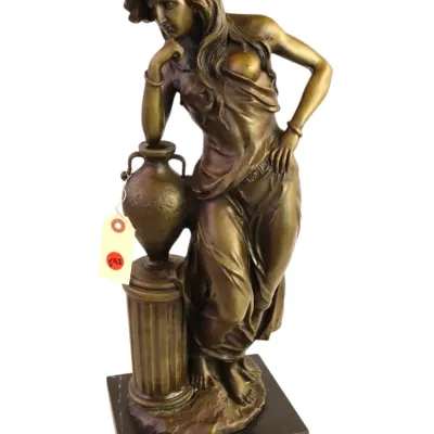 Sale Photo Thumbnail #98: 19thC Bronze-finished sculpture of a classical woman leaning on a urn and pedestal, mounted on a dark marble base.