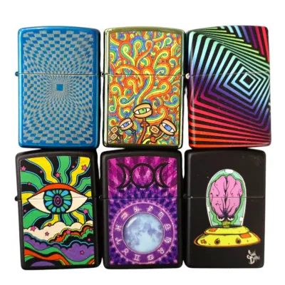 Sale Photo Thumbnail #172: Collection of six Zippo flip lighters featuring psychedelic, optical illusion, and sci-fi graphic artwork.