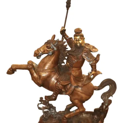 Sale Photo Thumbnail #46: LARGE Gilt bronze sculpture depicting Guan Yu in full armor riding a rearing horse and wielding a guandao weapon.