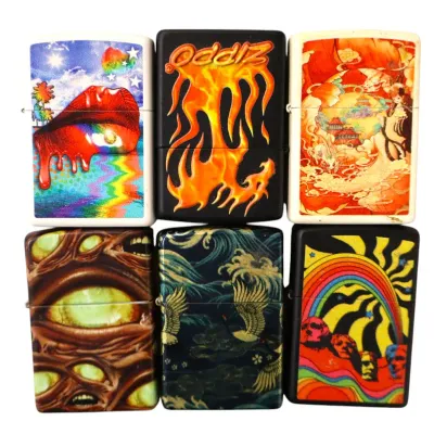 Sale Photo Thumbnail #188: Collection of six novelty flip-top lighters featuring colorful psychedelic, flame, Japanese crane, and artistic graphic designs.