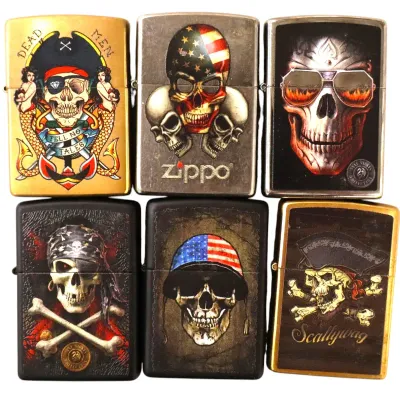 Sale Photo Thumbnail #193: Collection of six Zippo-style windproof lighters featuring skull, pirate, and patriotic graphics.