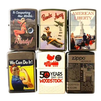 Sale Photo Thumbnail #161: Collection of six Zippo windproof lighters featuring various graphic art designs, including pin-up art, patriotic themes, Rosie the Riveter, and a 50 Years of Woodstock commemorative edition.